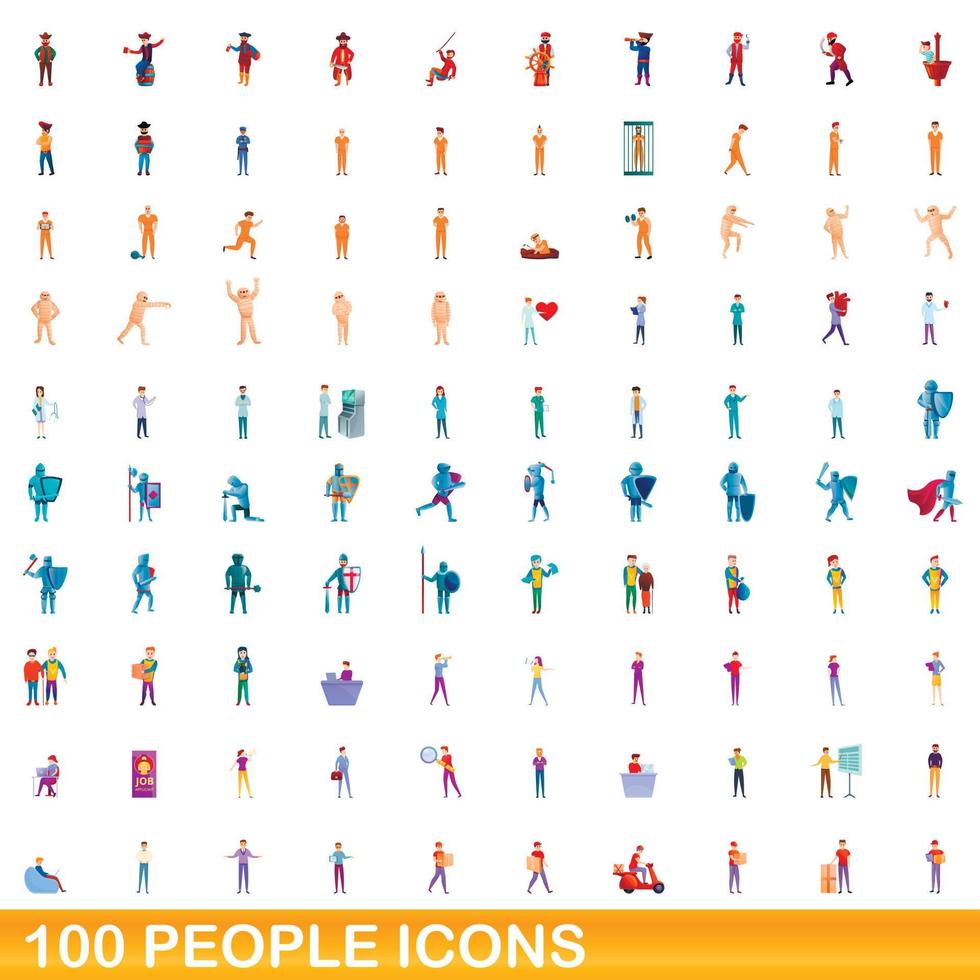 100 mensen iconen set, cartoon stijl vector