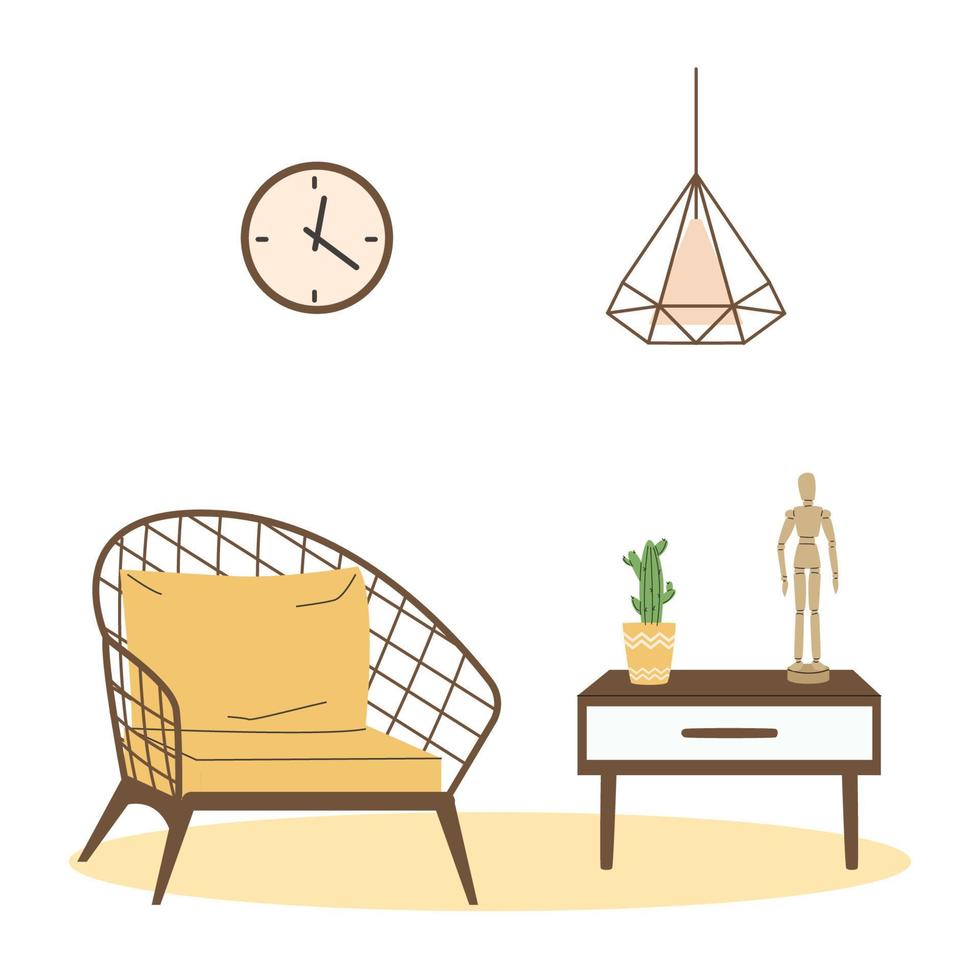 Scandinavisch interieur. fauteuil en tafel. gezellige woonkamer platte vectorillustratie. trendy scandinavisch hygge interieur. vector