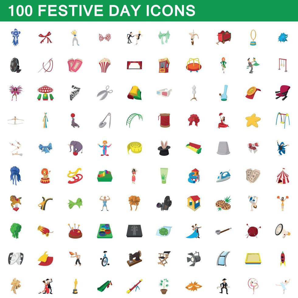 100 feestelijke dag iconen set, cartoon stijl vector