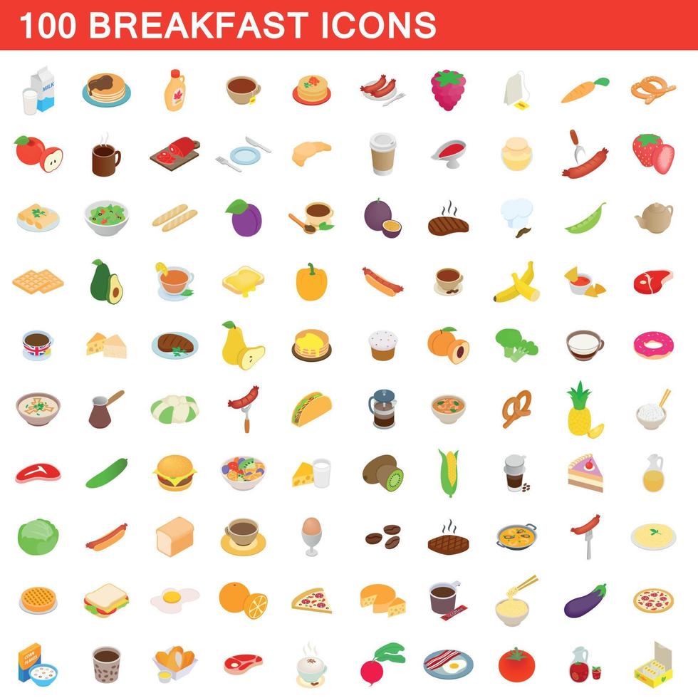 100 ontbijt iconen set, isometrische 3D-stijl vector