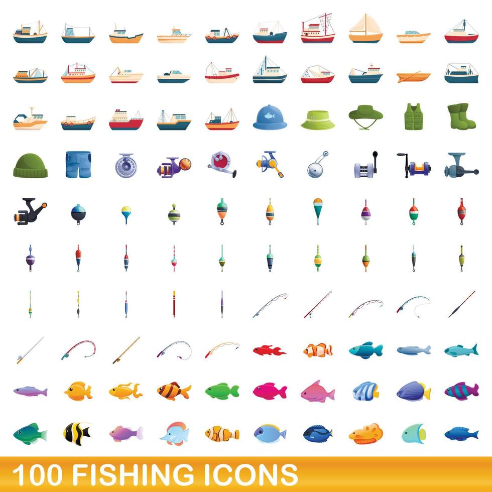 100 vissen iconen set, cartoon stijl vector