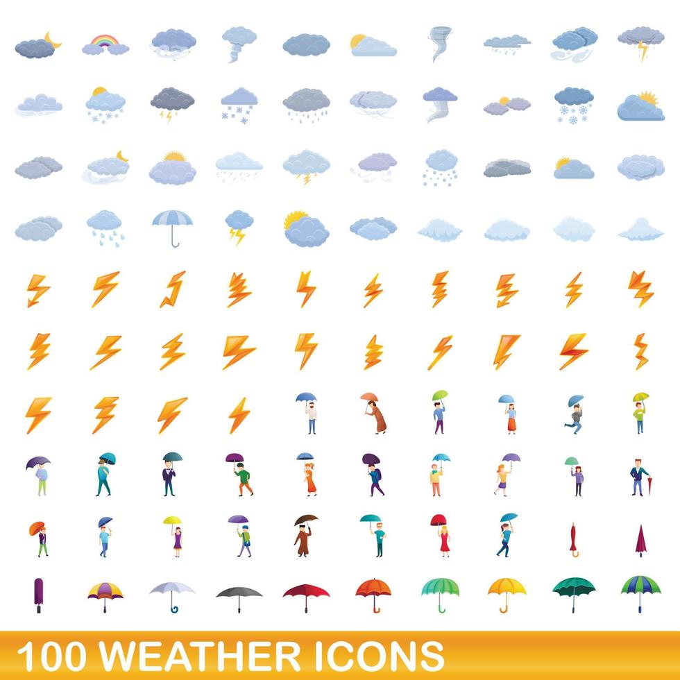 100 weer iconen set, cartoon stijl vector