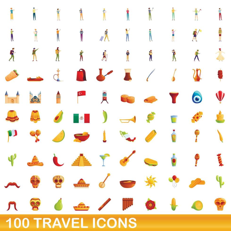 100 reizen iconen set, cartoon stijl vector