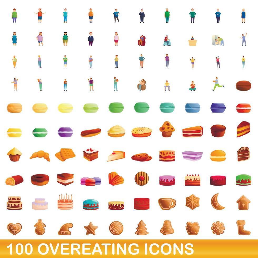 100 overeten iconen set, cartoon stijl vector