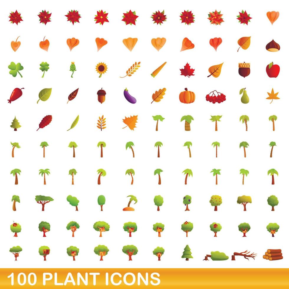 100 planten iconen set, cartoon stijl vector