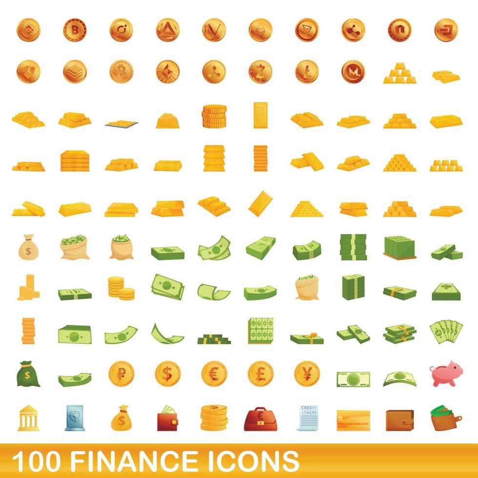 100 financiën iconen set, cartoon stijl vector