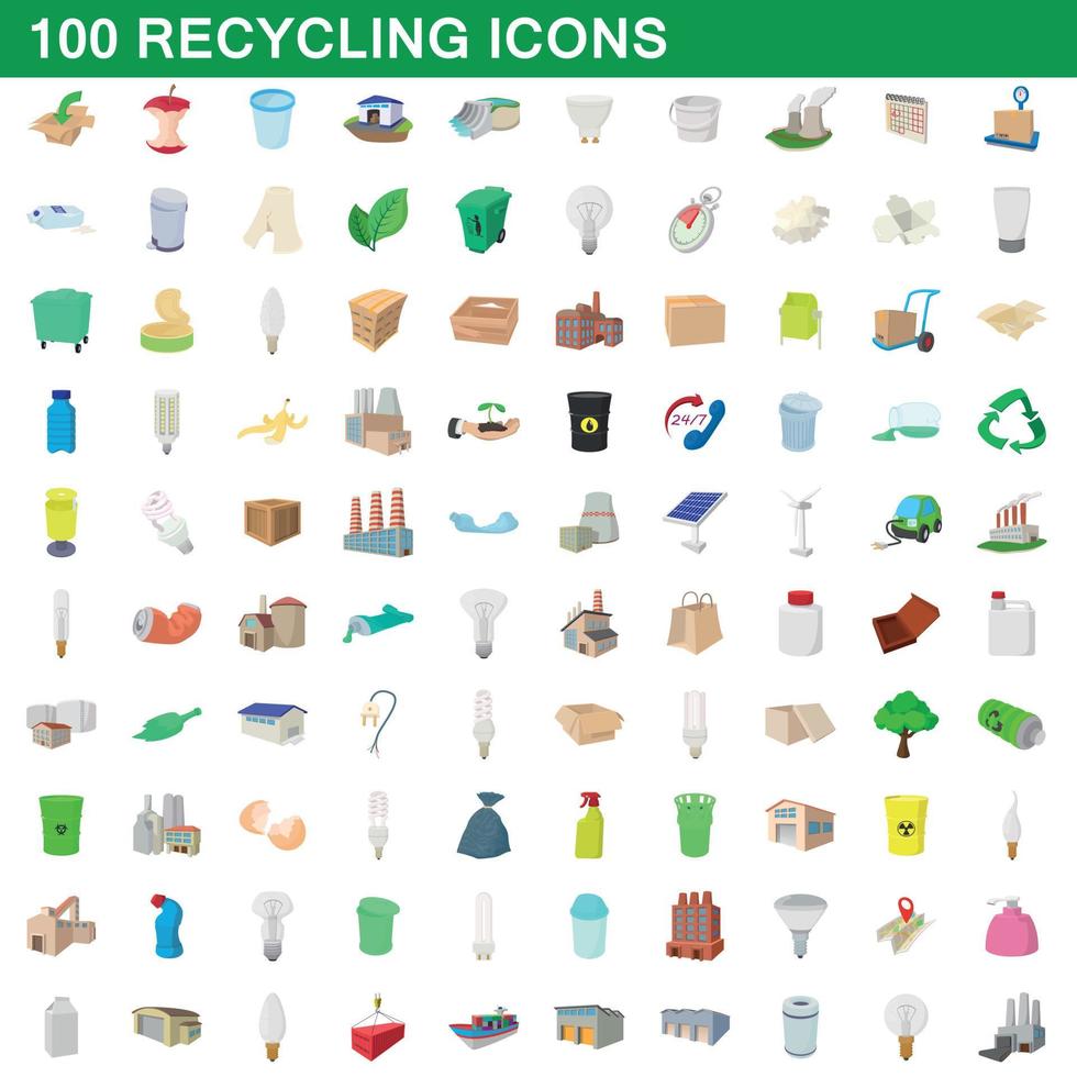 100 recyclingset, cartoonstijl vector