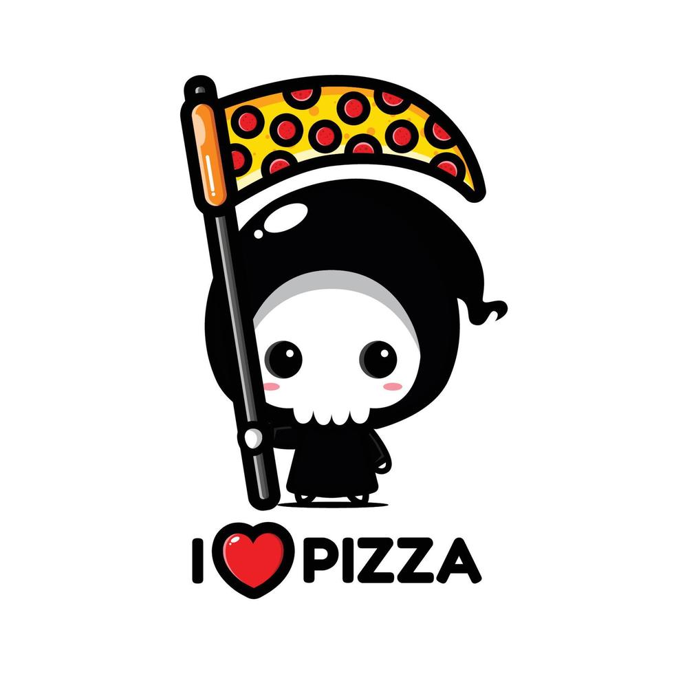 schattige grim reaper houdt van pizza vector