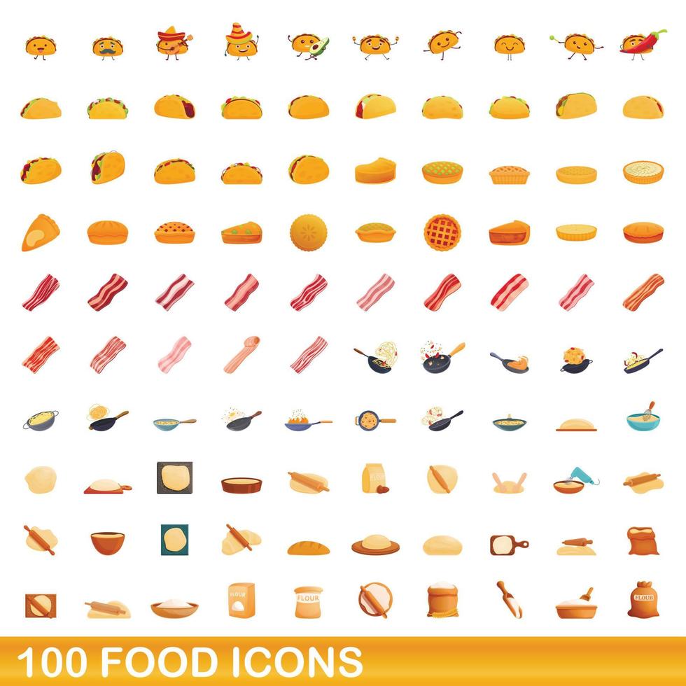 100 voedsel iconen set, cartoon stijl vector