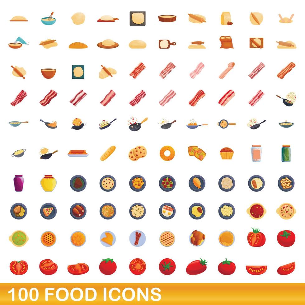 100 voedsel iconen set, cartoon stijl vector