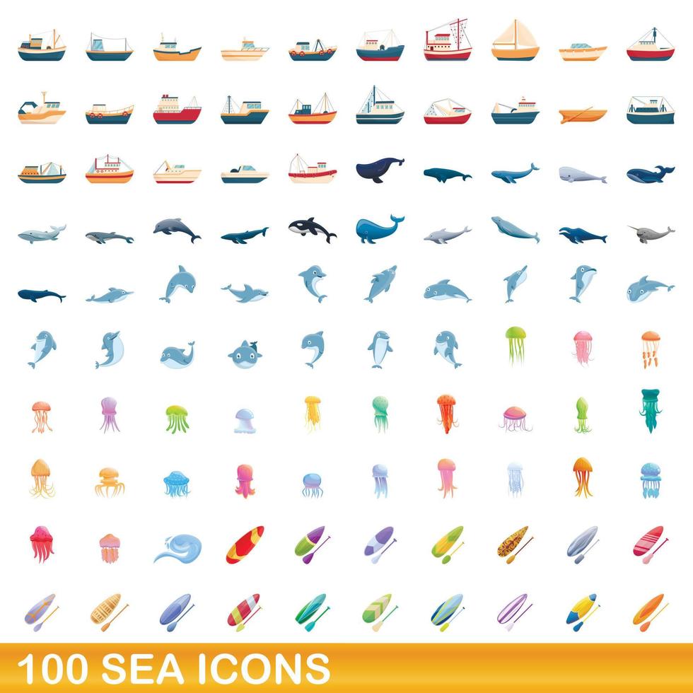 100 zee iconen set, cartoon stijl vector