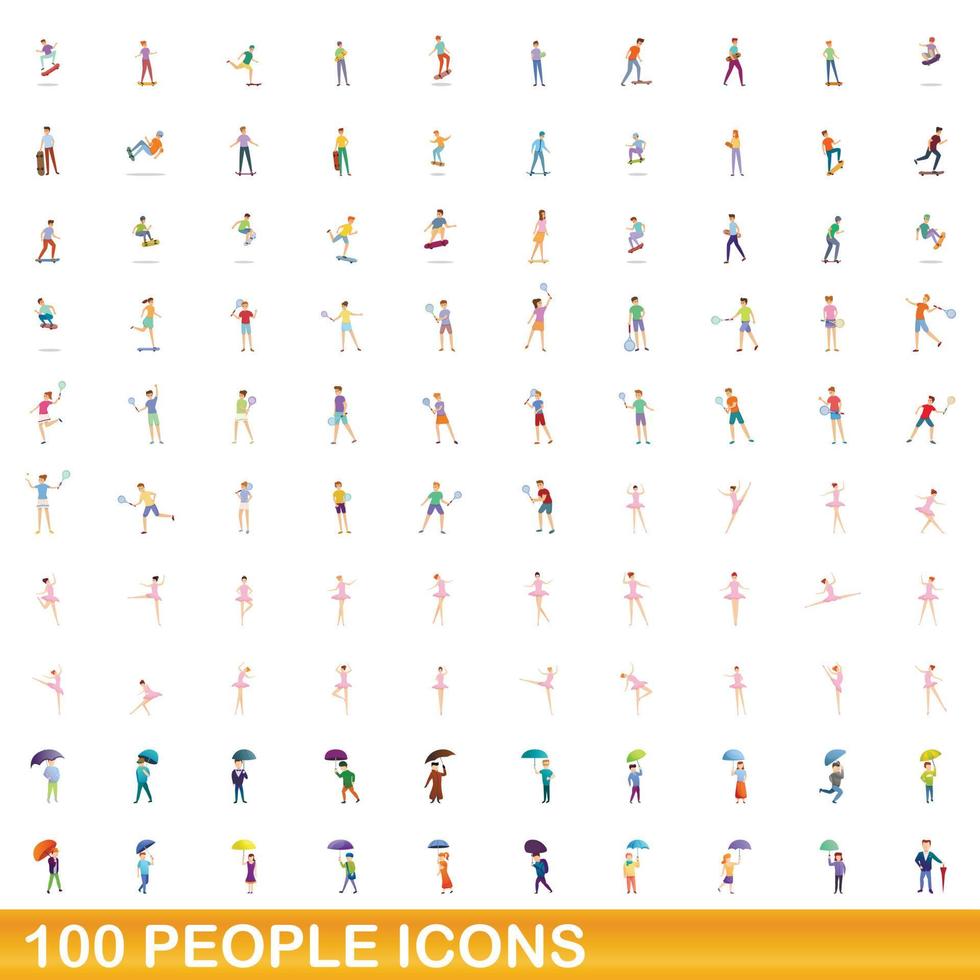 100 mensen iconen set, cartoon stijl vector