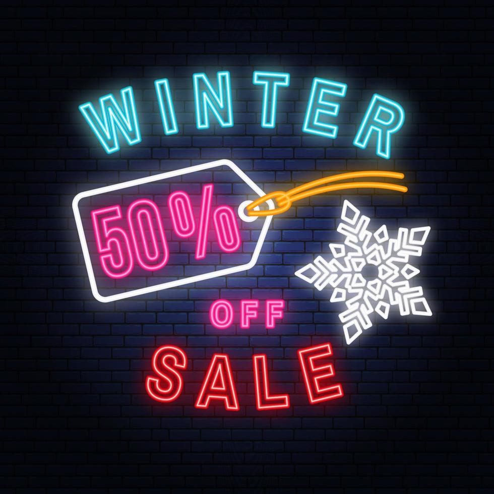 winter verkoop neon bord met kerst tag opknoping. vector illustratie