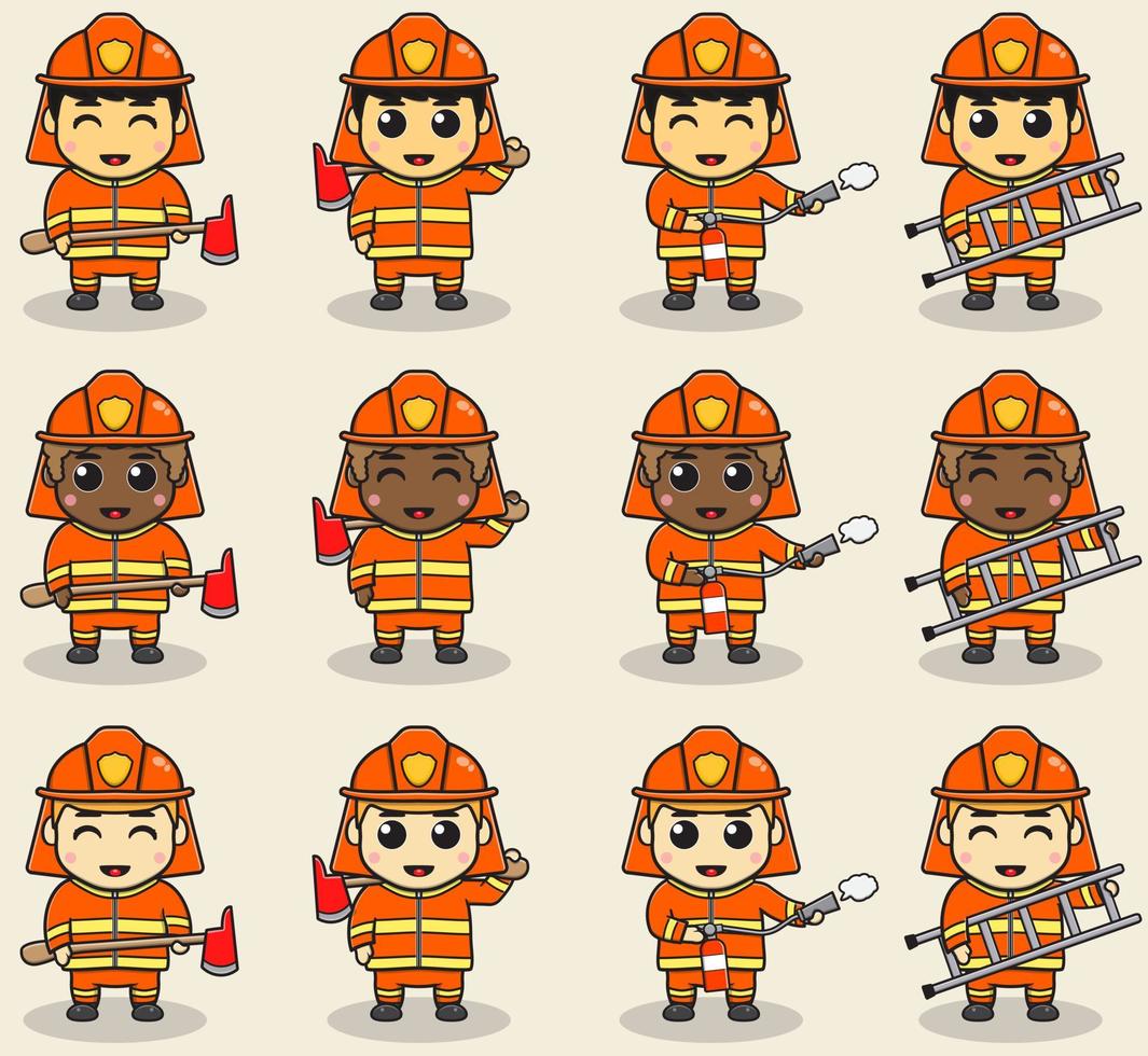 vectorillustratie van schattige brandweerman cartoon. brandweerman beroep met platte ontwerpstijl. goed voor pictogram, label, sticker, clipart. vector