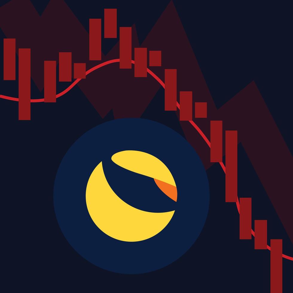 terra luna munt crash. cryptocurrency token crisis symbool op donkerblauwe achtergrond. terra luna muntprijs neerwaartse trend prijscrash. vector