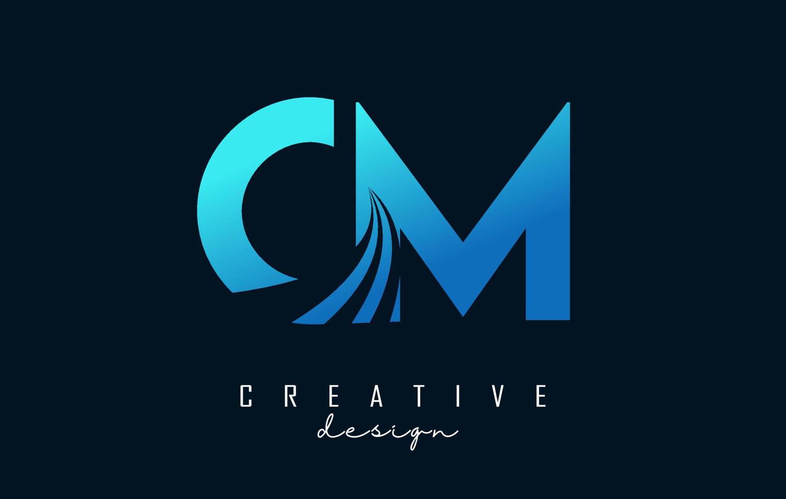creatieve blauwe letters cm cm-logo met leidende lijnen en wegconceptontwerp. letters met geometrisch ontwerp. vector