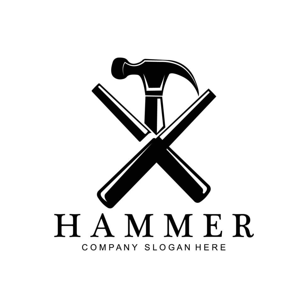 hamer, bouwconstructiehulpmiddelen en rechter logo vectorpictogram, vintage retro ontwerpillustratie vector