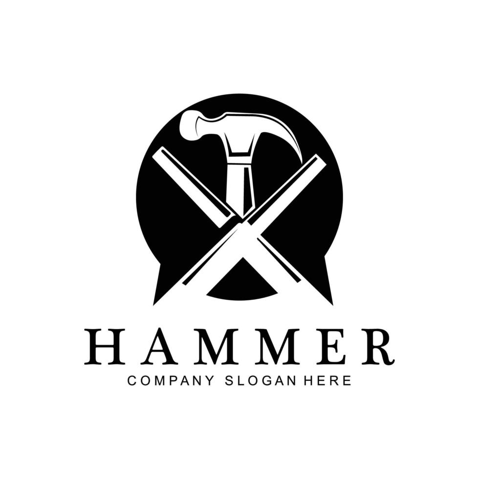 hamer, bouwconstructiehulpmiddelen en rechter logo vectorpictogram, vintage retro ontwerpillustratie vector