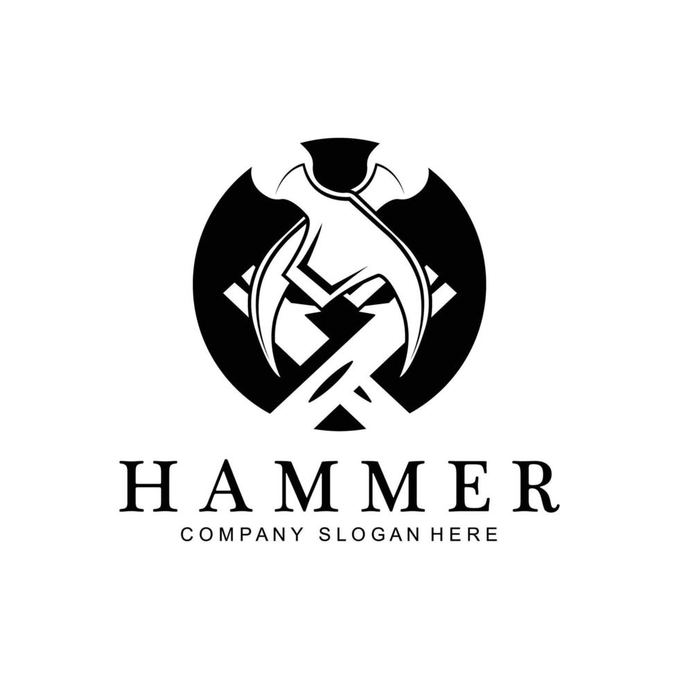 hamer, bouwconstructiehulpmiddelen en rechter logo vectorpictogram, vintage retro ontwerpillustratie vector