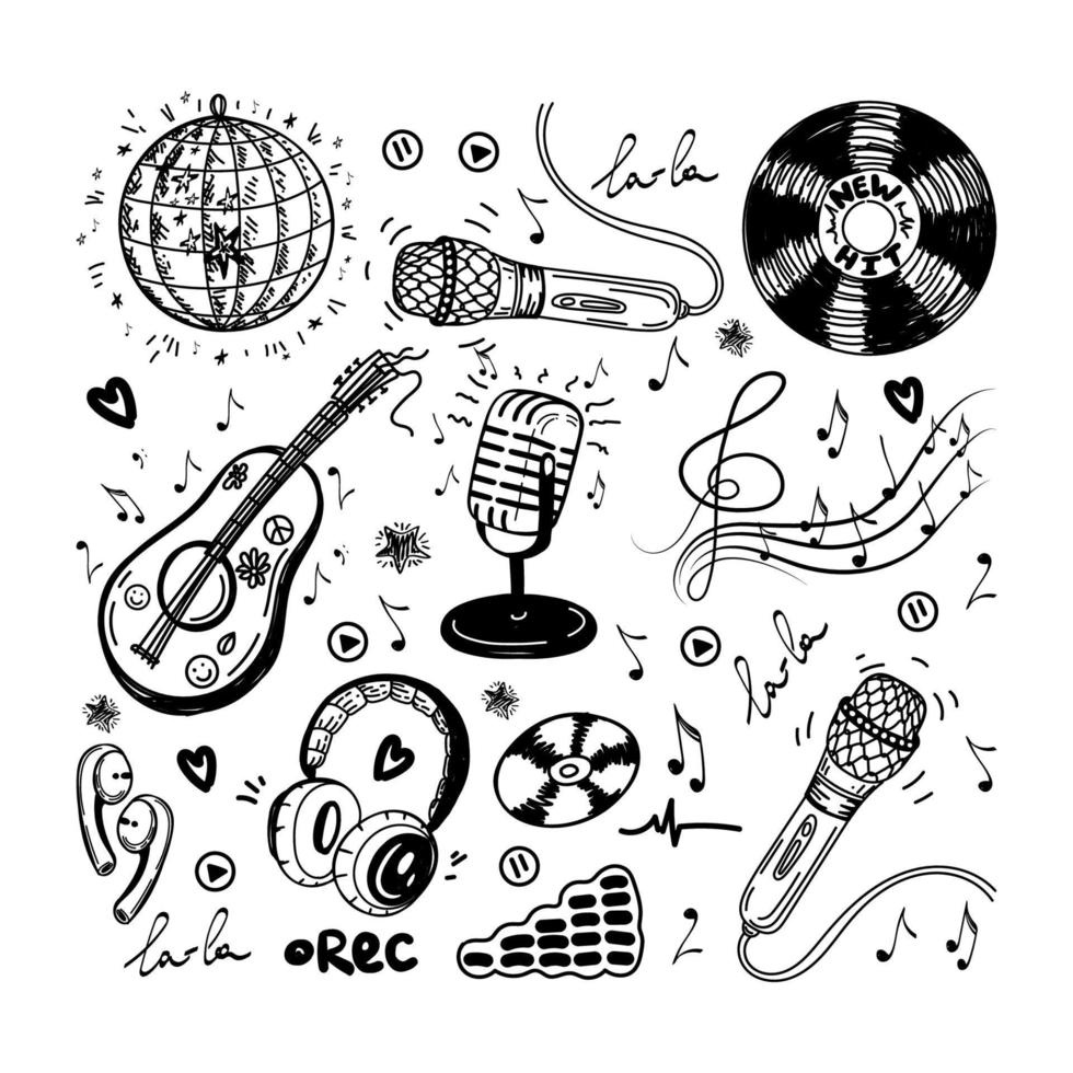 een set handgetekende muzikale elementen in schetsstijl. gitaar of ukelele. hoofdtelefoons, microfoons, cd's, audio, discobal, vioolsleutel met notities en opnamepictogrammen. vector eenvoudige geïsoleerde illustratie