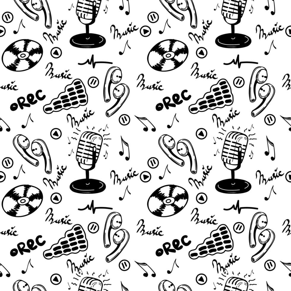 een naadloos patroon van muzieksymbolen, handgetekende doodle-stijlelementen. microfoon, cd's, bladmuziek, moderne koptelefoons en geluidsopnamepictogrammen. vector illustratie