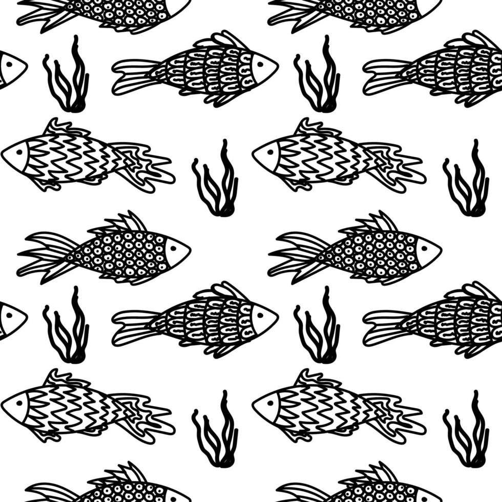 naadloze patroon, handgetekende zeedieren in doodle stijl. zeevis en zeewier. monochroom palet. rif. witte achtergrond. geïsoleerd. zomer. oceaan. plat ontwerp. vector illustratie