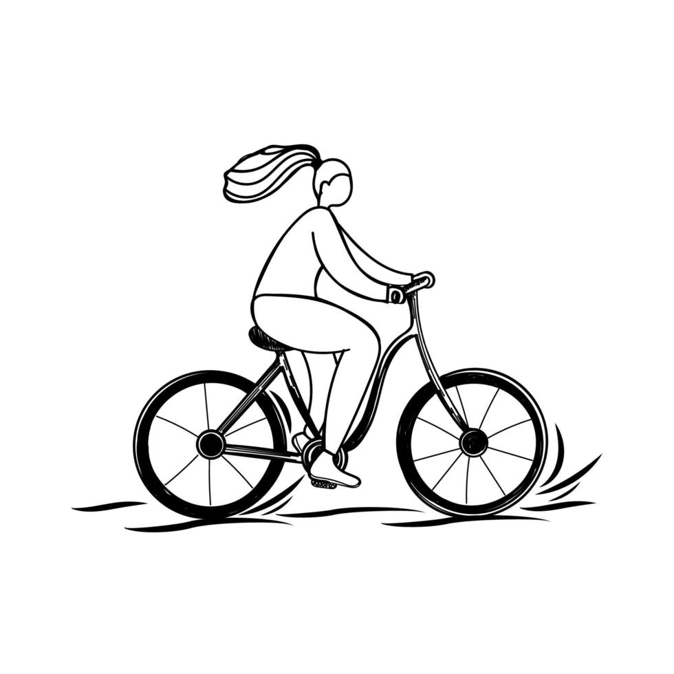 meisje met een fiets, met de hand getekend in doodle stijl. wereld fietsdag. 3 juni fiets. eenvoudige vector geïsoleerd op een witte achtergrond. geschikt voor posters en ansichtkaarten