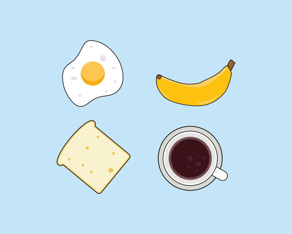 bovenaanzicht van gebakken ei, banaan, brood, kop warme koffie. ochtend- of ontbijtconcept. cartoon vectorstijl voor uw ontwerp. vector