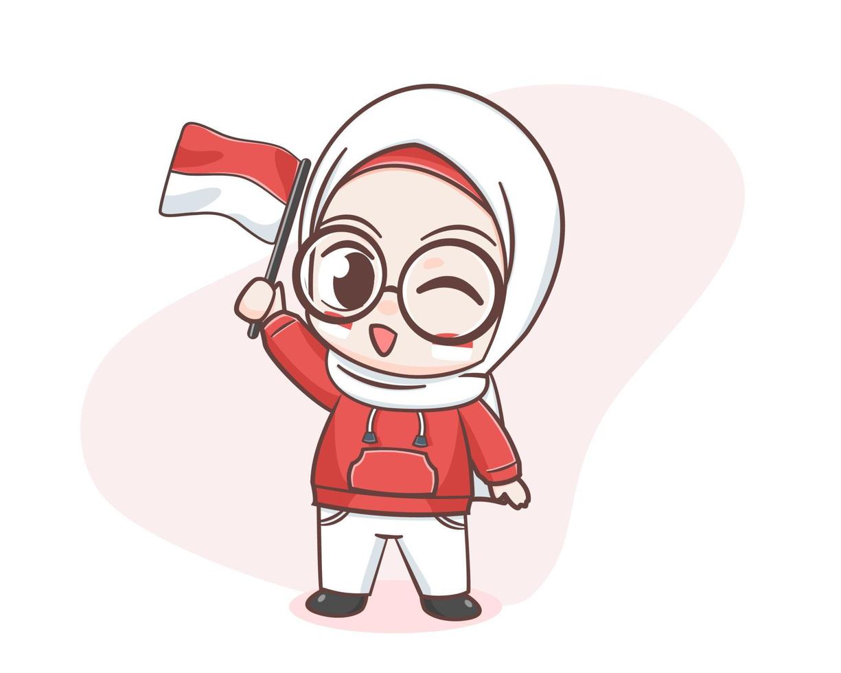 schattig meisje met de vlag van indonesië in onafhankelijkheidsdag vector