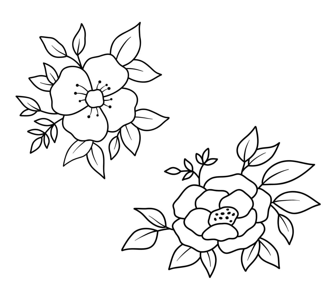 set bloemenrand met bloemen en bladeren in kaderstijl. vector lijn wilde bloemen. elegant bloemenboeket dat op witte achtergrond wordt geïsoleerd