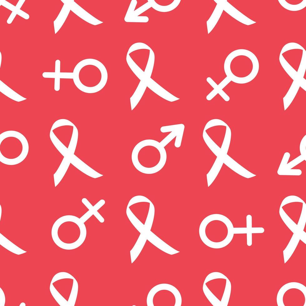 vector herhalende naadloze patroon op een rode achtergrond symbolen van mannelijk en vrouwelijk. lint gezondheid aids, kanker bewustzijn achtergrond. man, vrouw teken. plat ontwerp.