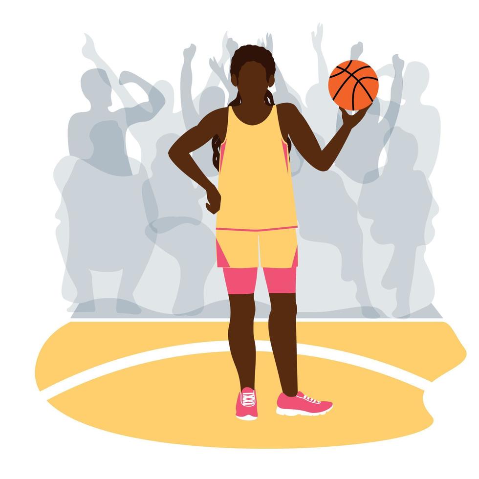 zwarte vrouwelijke basketbalspeler. Afro-Amerikaans meisje houdt een basketbal in haar handen, staat in een sportuniform. toeschouwers op de achtergrond van de tribune. vector illustratie eps10