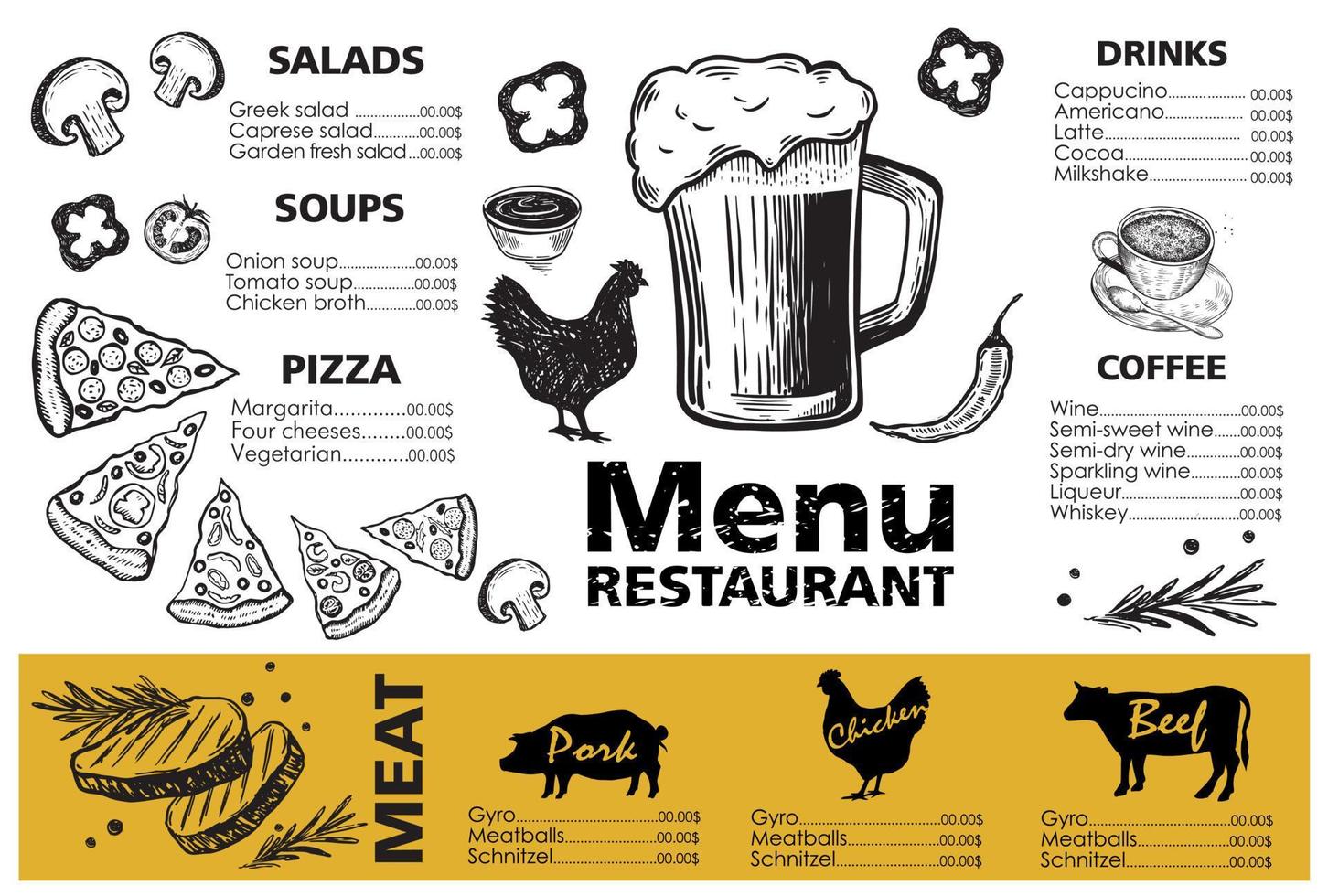 menu sjabloonontwerp voor restaurant, schets illustratie. vector. vector