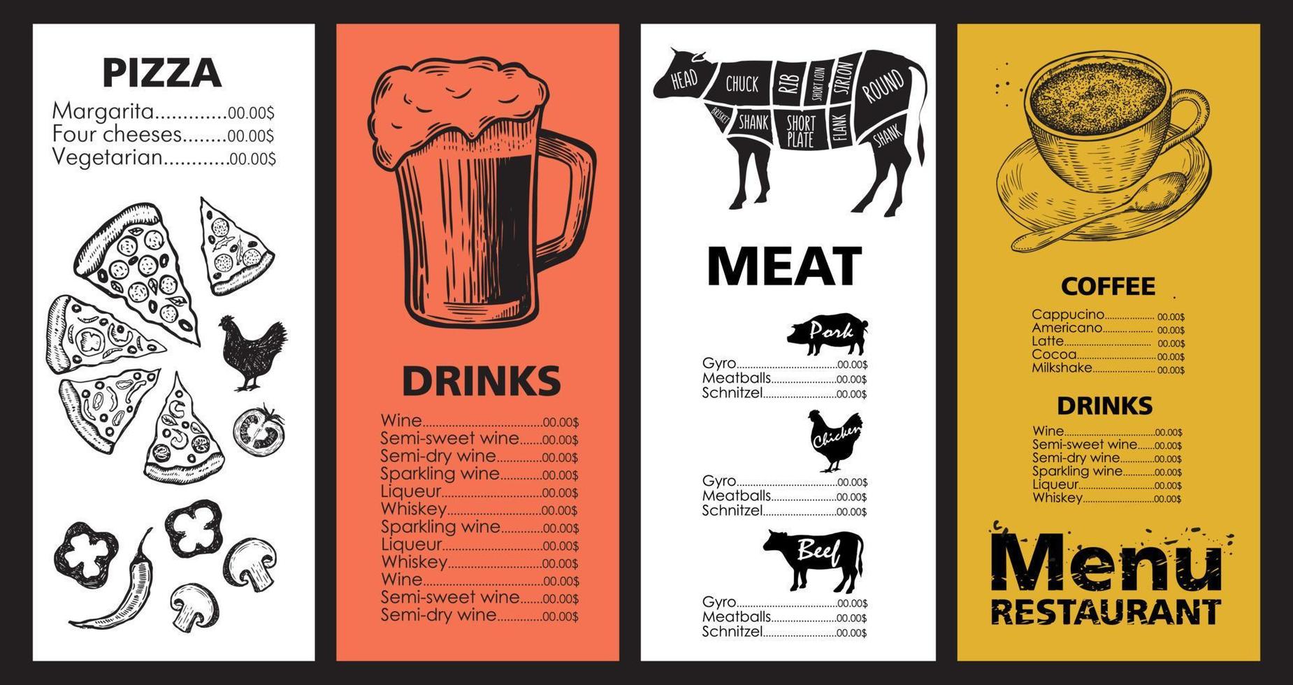 menu sjabloonontwerp voor restaurant, schets illustratie. vector. vector