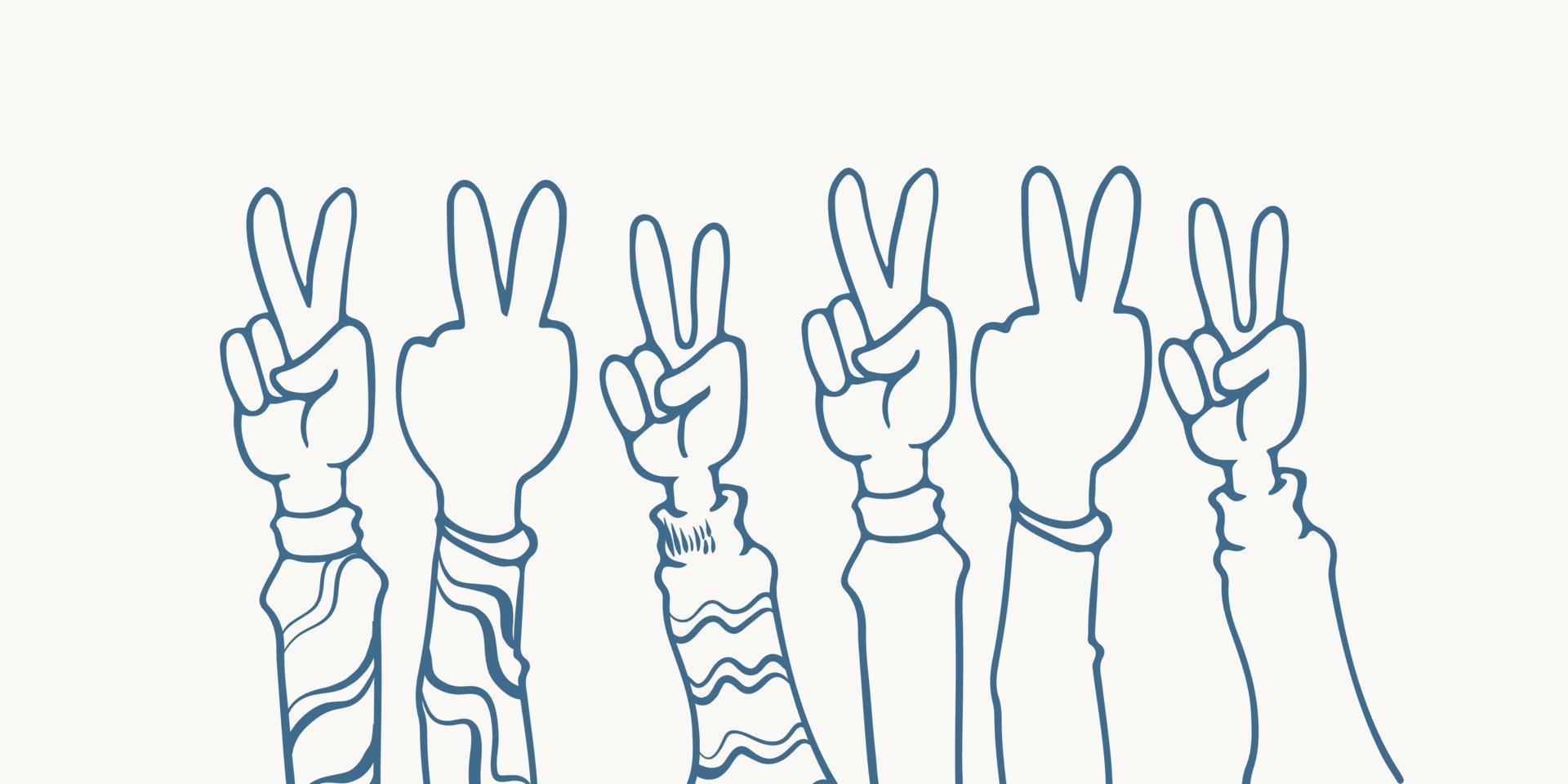 hand getekend zes handen klappende ovatie vrede pose in verschillende kleding. vector