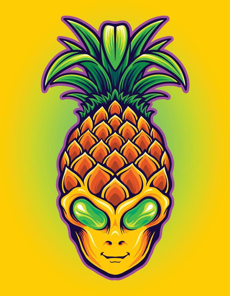 buitenaards hoofd met ananas fruit vectorillustraties voor uw werk logo, mascotte merchandise t-shirt, stickers en labelontwerpen, poster, wenskaarten reclame bedrijf of merken. vector