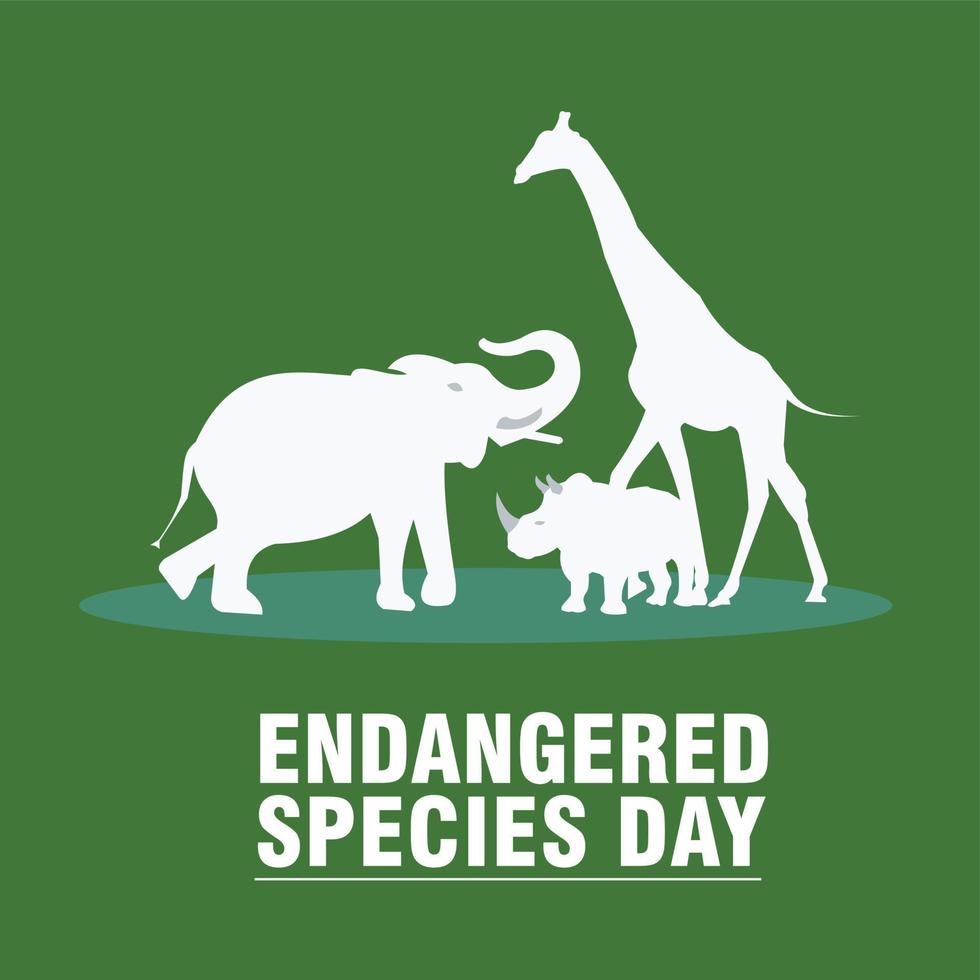 nationale bedreigde diersoorten dag vector met groene silhouet van olifant, giraf en neushoorn pictogram vector. set van wilde dieren silhouetten. eenvoudig en elegant ontwerp