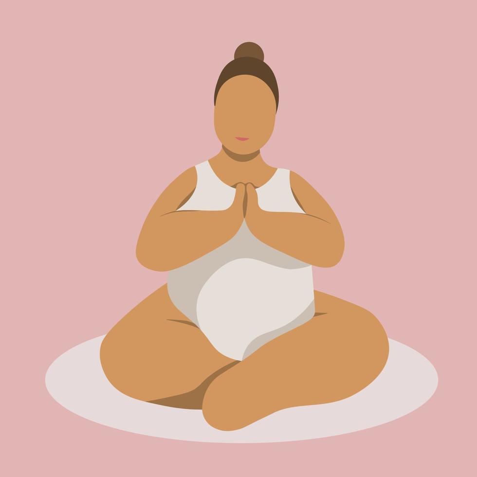 lichaam positieve vectorillustratie. plus size vrouw zittend op tapijt en yoga maken. gelukkig overgewicht meisje in platte cartoon-stijl. eenvoudige moderne tekening vector