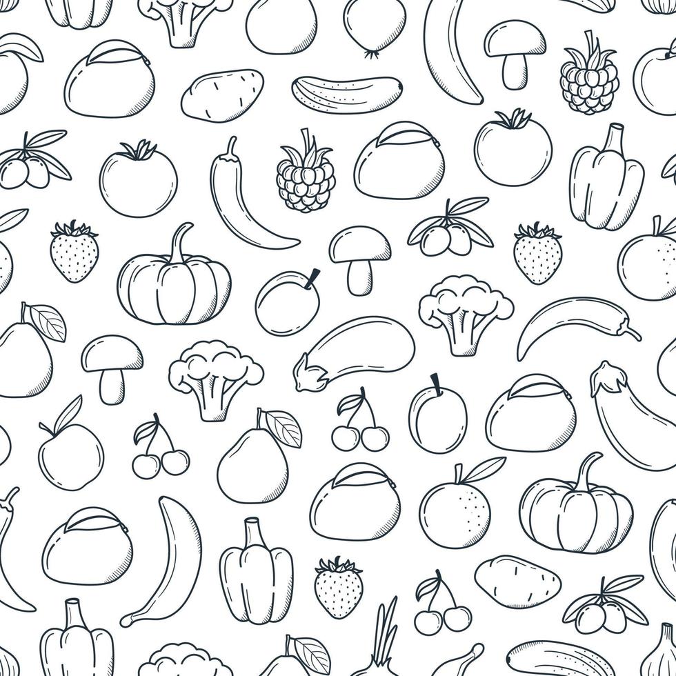 naadloze patroon fruit, groenten in doodle stijl. zwart-wit patroon vector