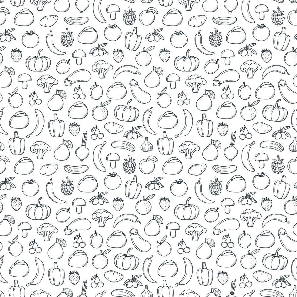 naadloze patroon fruit, groenten in doodle stijl. zwart-wit patroon vector