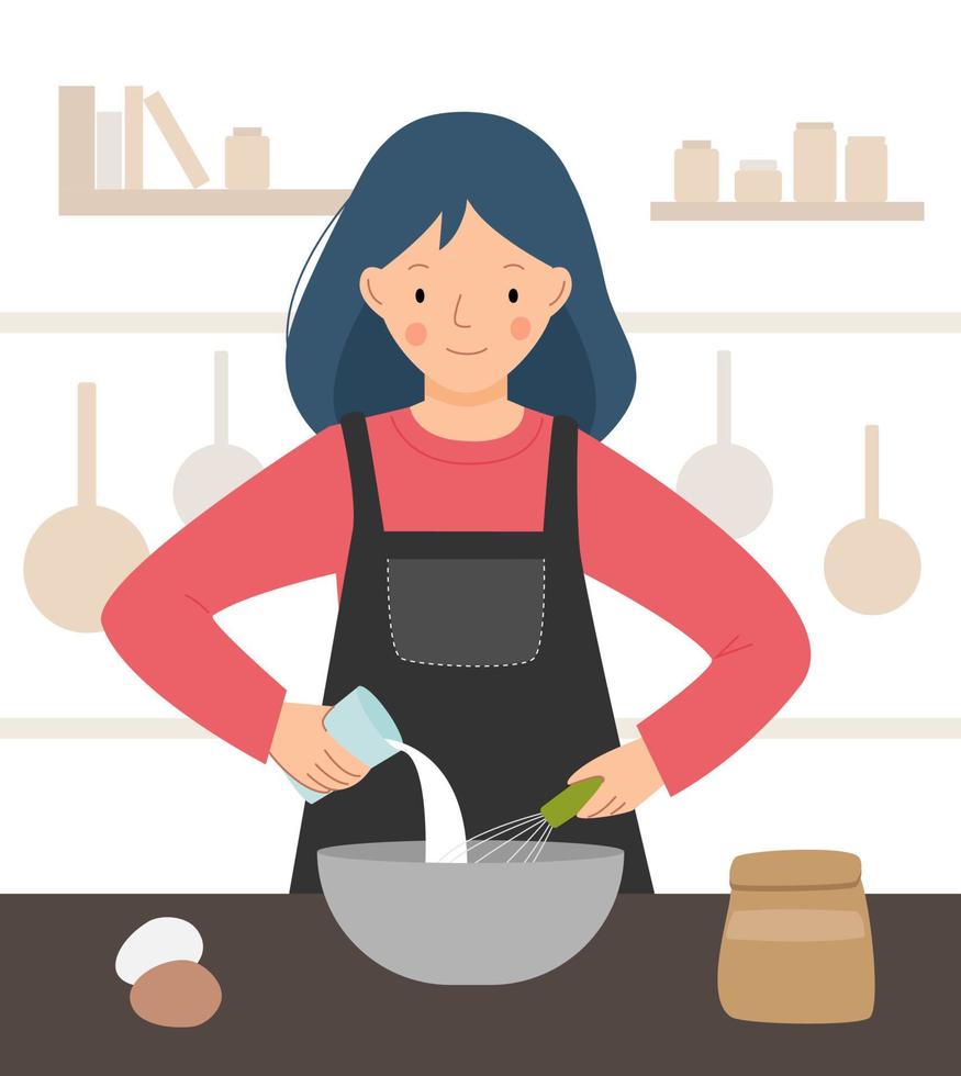 vectorscène met een kok in de keuken. vrouw koken. chef-kok vrouw. vector platte illustartion.