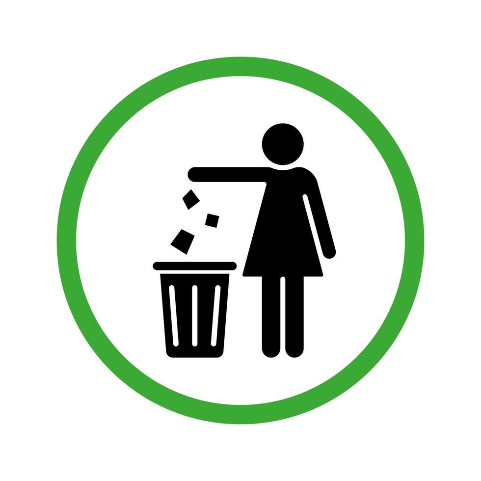 pictogram schoon houden. toegestaan afval in de prullenbak te laten vallen. gooi afval in bin silhouet groen pictogram. verwijdering afval glyph pictogram. nette vrouw gooit afval in kan ondertekenen. geïsoleerde vectorillustratie. vector