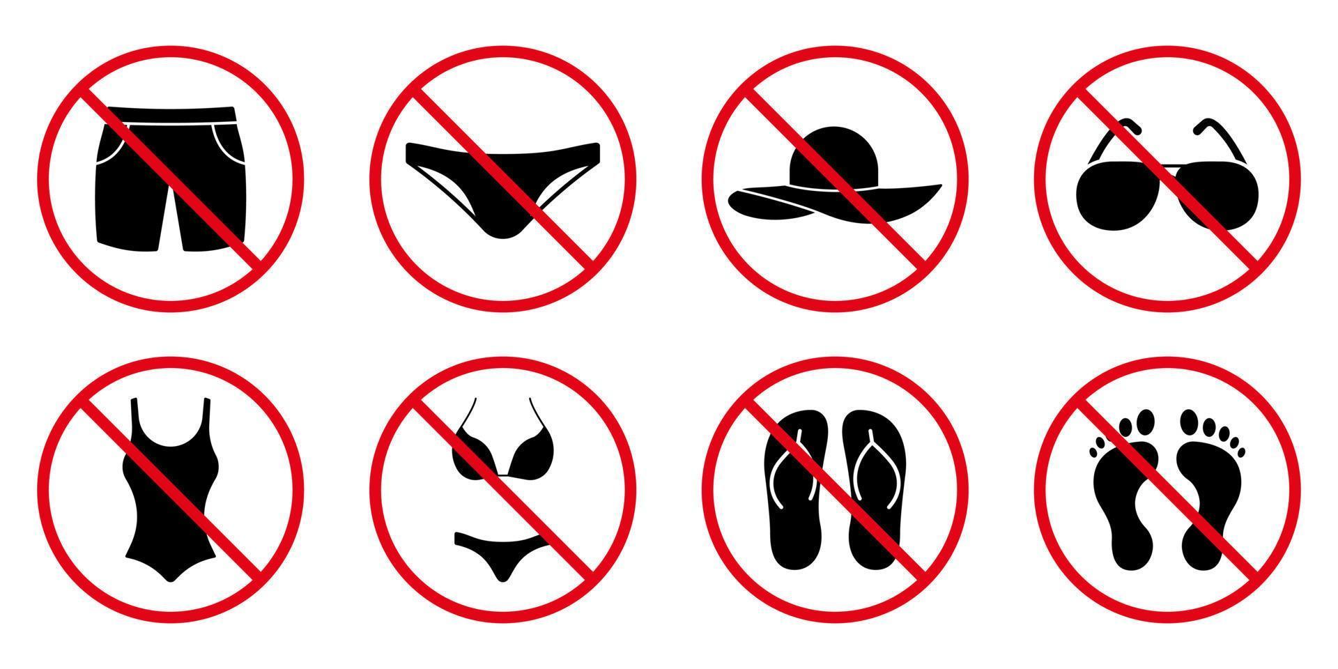 voorzichtigheid verbod strand zomer slijtage zwart silhouet icoon. waarschuwing verboden voer in zonnebril hoed badpak flip flop pictogram. verboden zomer badmode stop rood bord. geïsoleerde vectorillustratie. vector