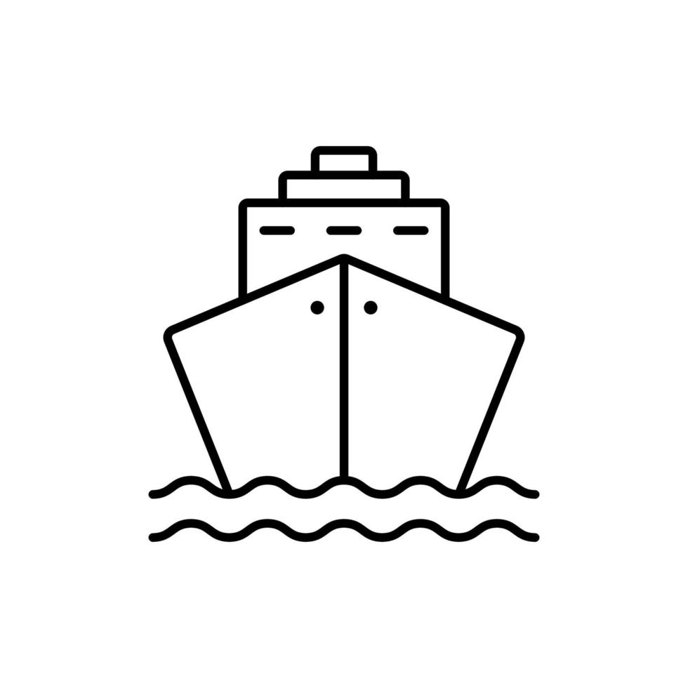 zwart cruiseschip lijn icoon. oceaanschip pictogram in vooraanzicht lineaire pictogram. vrachtboot overzicht icoon. marine teken voor vracht, passagiersreizen. bewerkbare streek. geïsoleerde vectorillustratie. vector