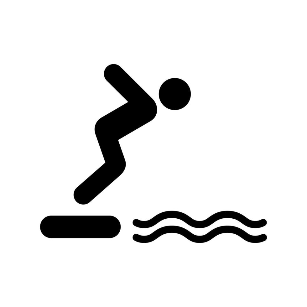 man duik zwemmen in zeewater van hoog bord zwart silhouet icoon. jongen sport opleiding atletische zwemmer sprong in het zwembad van boord glyph pictogram. persoon duik plat symbool. geïsoleerde vectorillustratie. vector