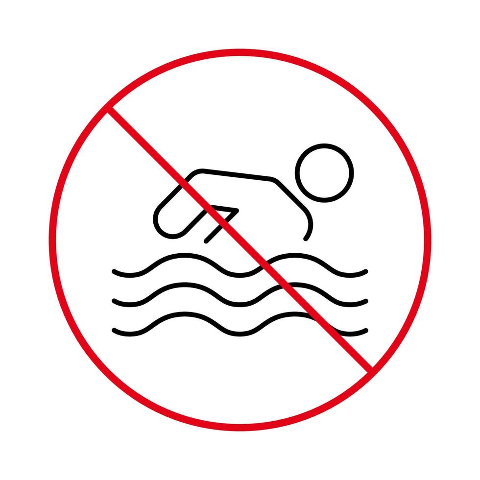 waarschuwingsbord verbod zwemmen zone zwarte lijn pictogram. zwemzone verbieden. voorzichtigheid verbieden gevaar zwemmen gebied strand pictogram. niet toegestaan diep water duiken rode stop cirkel symbool. geïsoleerde vectorillustratie. vector