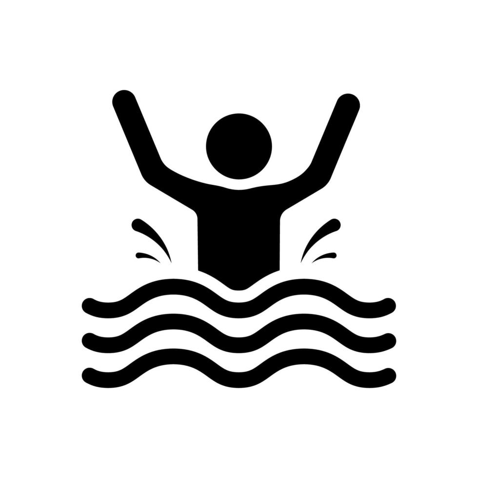 informatie verdrinken man zwart silhouet pictogram. voorzichtigheid gevaar risico noodgevallen zinken zwemmen glyph pictogram. ongeval persoon verdrinking in water zee, oceaan, rivier plat symbool. geïsoleerde vectorillustratie. vector