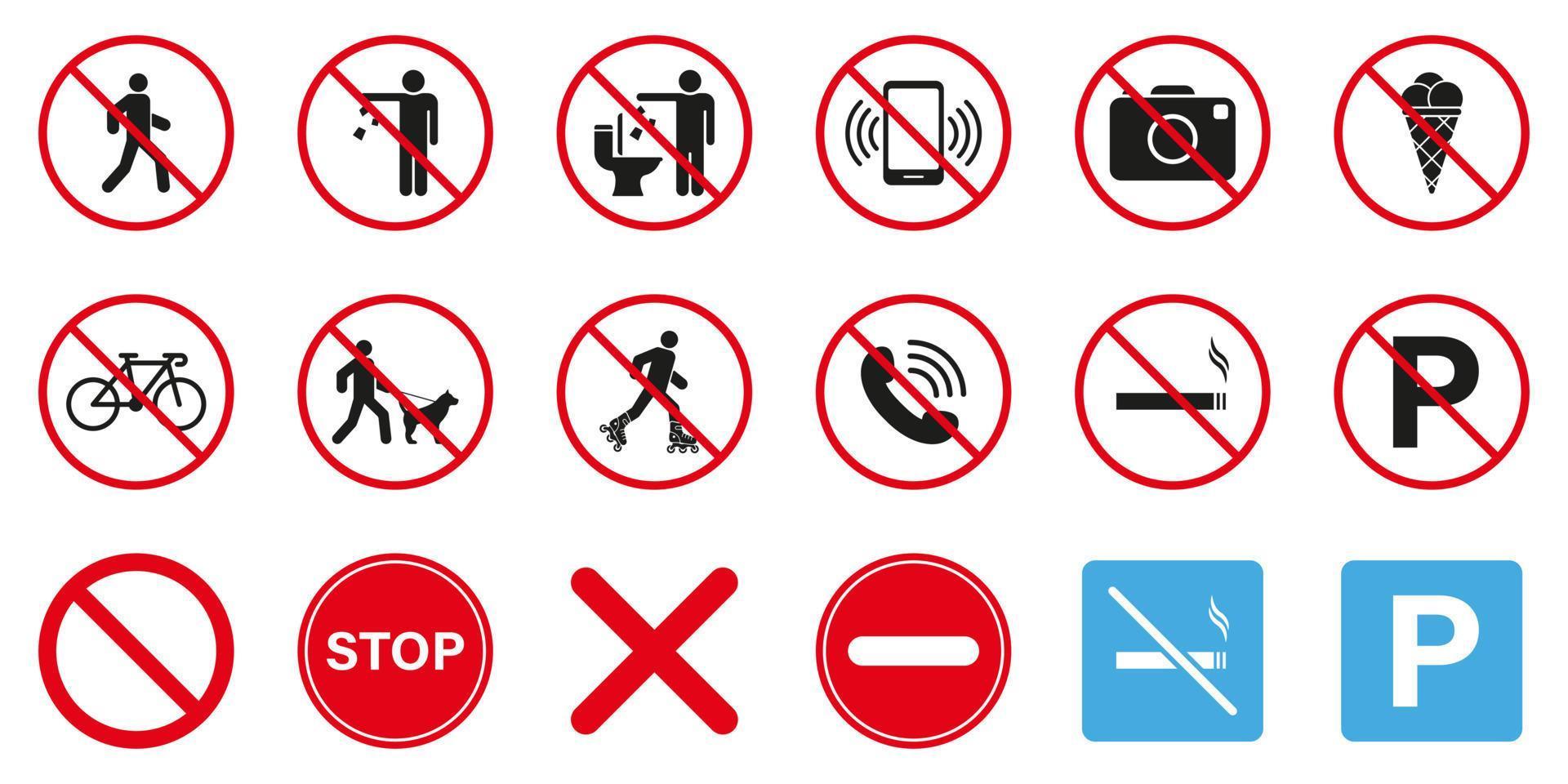 let op rode stop cirkel symboolset. verboden pictogram. waarschuwing geen toegestaan parkeerbord. aandacht beperking zone zwart silhouet icoon. verboden verbod collectie. geïsoleerde vectorillustratie. vector