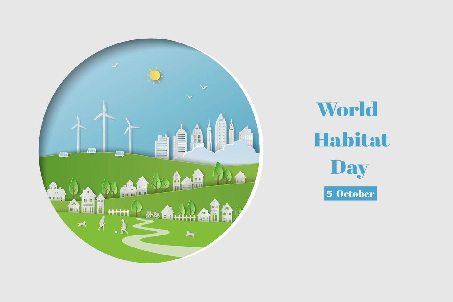 wereld habitat dag concept met witte stad op papier gesneden cirkel vorm achtergrond vector