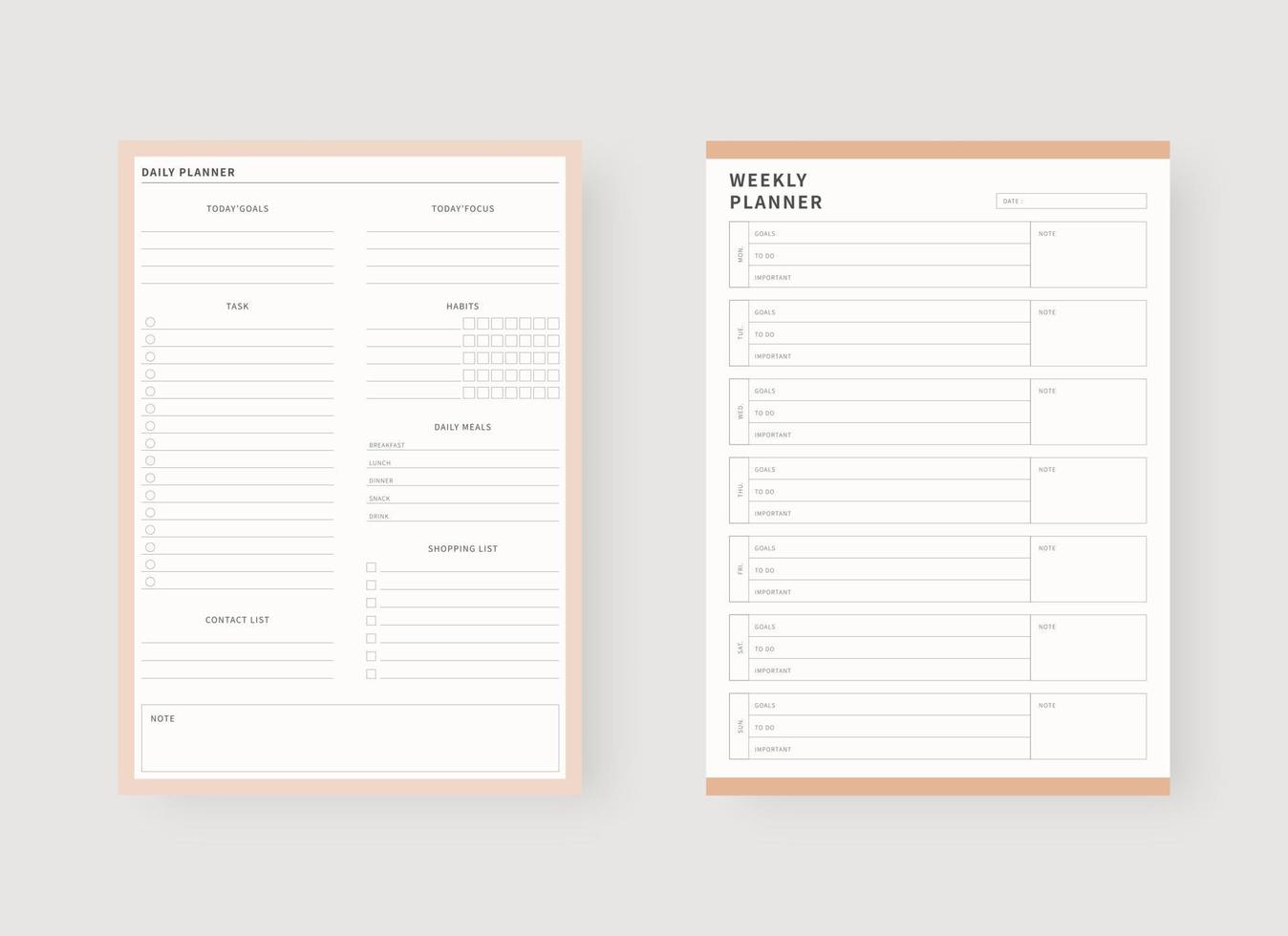 dagelijkse en wekelijkse planner sjabloon. set van planner en takenlijst. moderne planner sjabloon set. vectorillustratie. vector